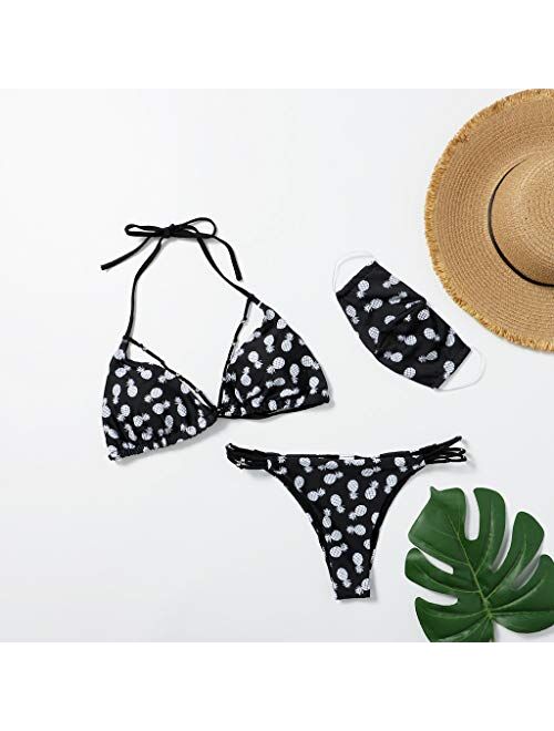 Fruit Pineapple Print Swimsuit Push Up Swimwear top with mask Three-Piece Bikini Split Swimsuit 3pcs/Set