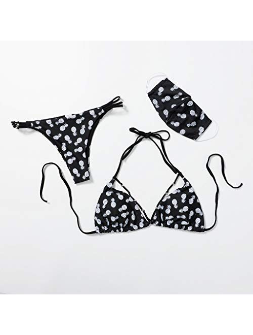 Fruit Pineapple Print Swimsuit Push Up Swimwear top with mask Three-Piece Bikini Split Swimsuit 3pcs/Set