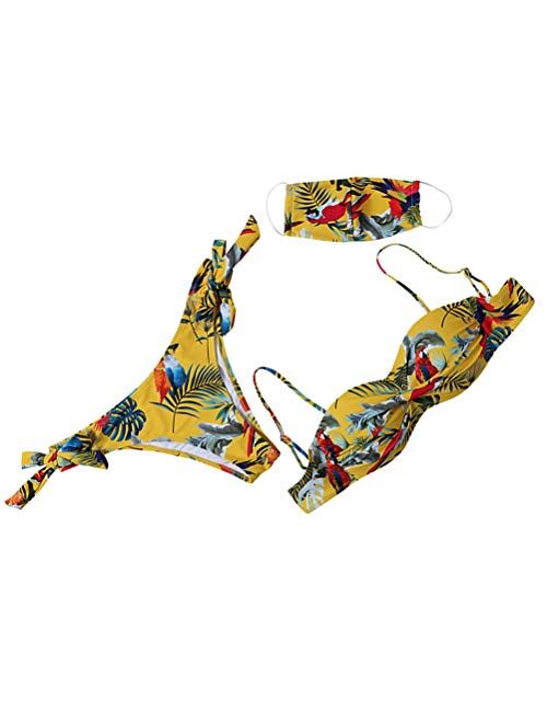 KESYOO 1 Set of 3Pcs Sexy Bikini Fashion Printing Swimsuit Thin Strap Bathing Suit Beachwear with Face Mask (Yellow Size S)