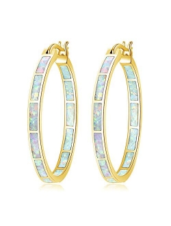 CiNily Opal Hoop Earrings,Women Jewelry Rhodium Plated/Rose Gold or Yellow Gold Plated Gemstone Big Hoop Earrings 32mm