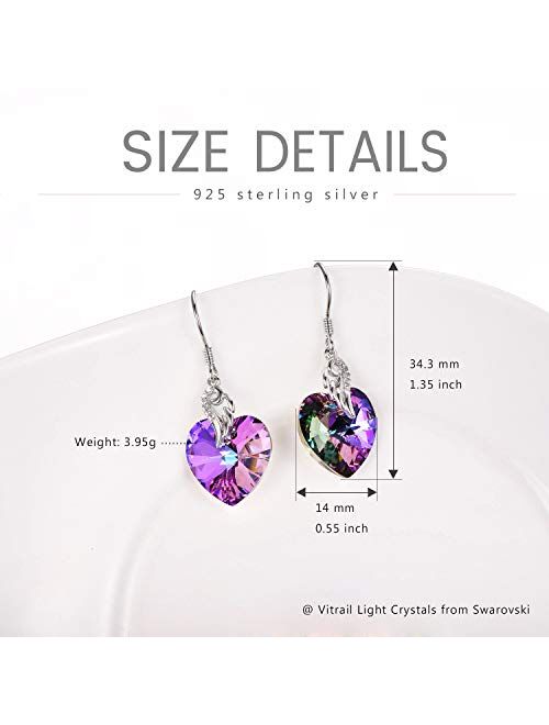 AOBOCO Sterling Silver Love Heart Dangle Drop Earrings with Swarovski Crystals Fine Jewelry Gift for Women Girls