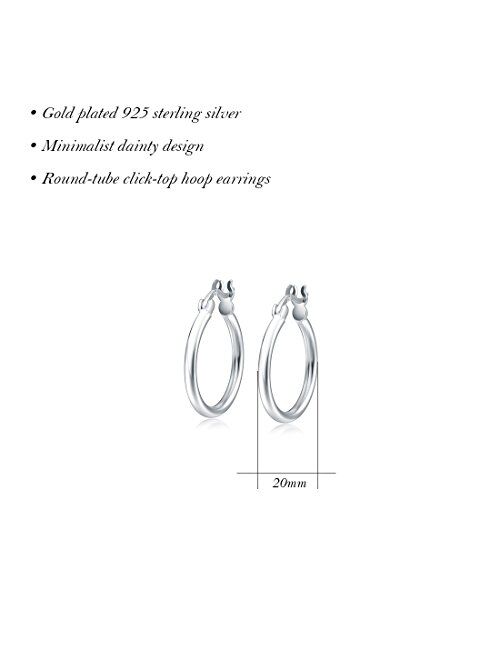 Carleen Gold Plated 925 Sterling Silver High Polished 2mm Round Tube Click-Top Large/Big Huggie Piercing Hoop Earrings Fine Jewelry for Women Girls, All Size