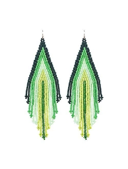 Luluping Long Beaded Dangle Earrings Boho Native Handmade Seed Bead Tassel Earrings for Women and Girls, Bohemian Large Statement Beaded Drop Fringe Earrings