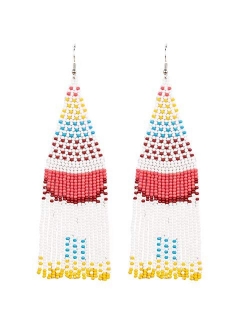 Luluping Long Beaded Dangle Earrings Boho Native Handmade Seed Bead Tassel Earrings for Women and Girls, Bohemian Large Statement Beaded Drop Fringe Earrings