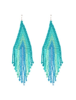 Luluping Long Beaded Dangle Earrings Boho Native Handmade Seed Bead Tassel Earrings for Women and Girls, Bohemian Large Statement Beaded Drop Fringe Earrings