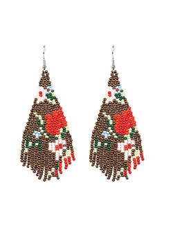 Luluping Long Beaded Dangle Earrings Boho Native Handmade Seed Bead Tassel Earrings for Women and Girls, Bohemian Large Statement Beaded Drop Fringe Earrings