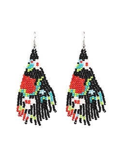 Luluping Long Beaded Dangle Earrings Boho Native Handmade Seed Bead Tassel Earrings for Women and Girls, Bohemian Large Statement Beaded Drop Fringe Earrings