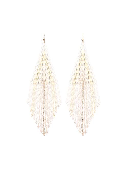 Luluping Long Beaded Dangle Earrings Boho Native Handmade Seed Bead Tassel Earrings for Women and Girls, Bohemian Large Statement Beaded Drop Fringe Earrings