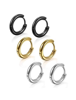 Stainless Steel Hoop Earrings for Men - Hinged Hoop Huggie Piercing Earrings Set For Men Women, Hypoallergenic Lobes Small Round Earrings