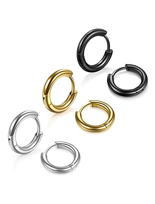 Stainless Steel Hoop Earrings for Men - Hinged Hoop Huggie Piercing Earrings Set For Men Women, Hypoallergenic Lobes Small Round Earrings