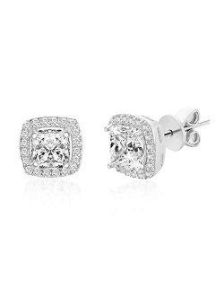 LESA MICHELE Sterling Silver 2 Cttw Cubic Zirconia Cushion Shaped Halo Stud Earrings for Women (Color Options)