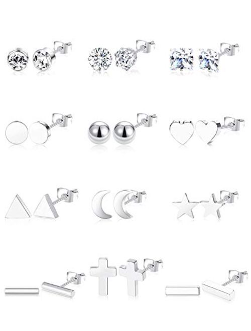 Ofeiyaa 12 Pairs Stainless Steel Earrings Stud Geometric Earrings Set Star Moon Cross Ball Triangle Heart Clear CZ Stud for Womens Girls Silver Rose Gold Tone