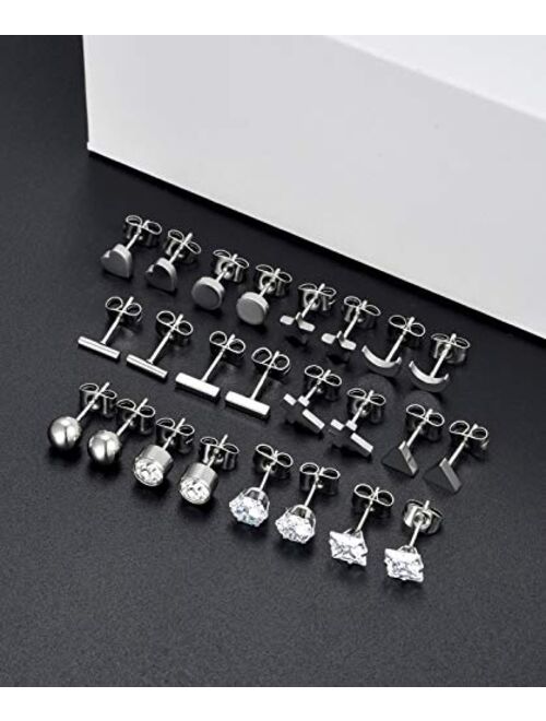 Ofeiyaa 12 Pairs Stainless Steel Earrings Stud Geometric Earrings Set Star Moon Cross Ball Triangle Heart Clear CZ Stud for Womens Girls Silver Rose Gold Tone