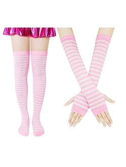 Bienvenu Womens Socks Striped Knee High Socks Arm Warmer Fingerless Gloves Set