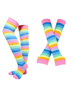 Bienvenu Womens Socks Striped Knee High Socks Arm Warmer Fingerless Gloves Set