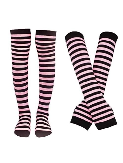 Bienvenu Womens Socks Striped Knee High Socks Arm Warmer Fingerless Gloves Set