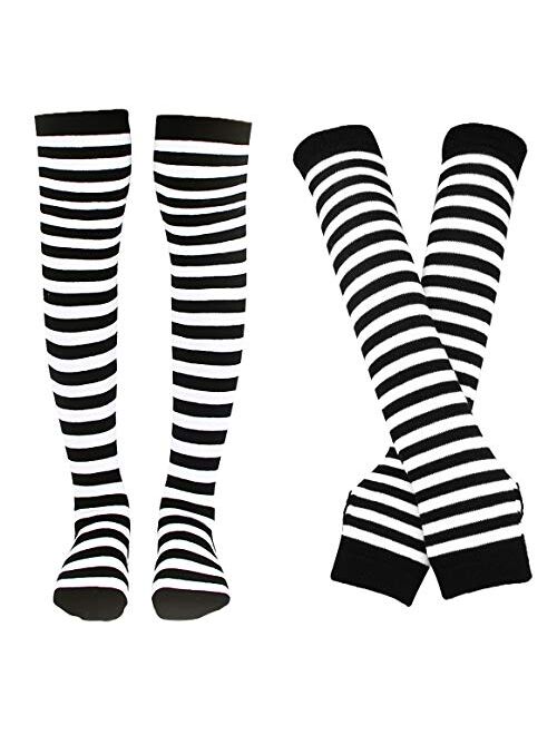 Bienvenu Womens Socks Striped Knee High Socks Arm Warmer Fingerless Gloves Set