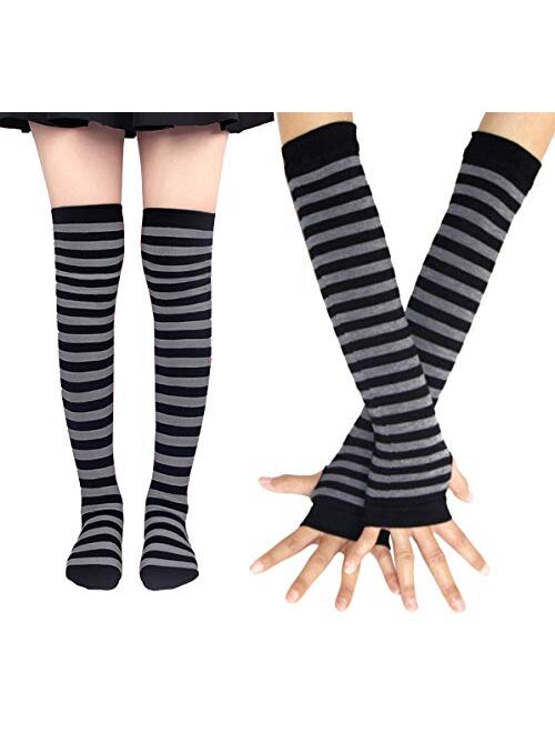 Bienvenu Womens Socks Striped Knee High Socks Arm Warmer Fingerless Gloves Set