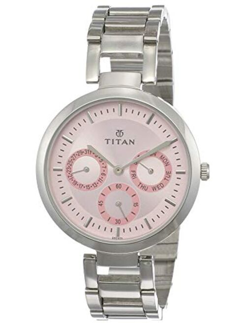 Titan Women's Contemporary Chronograph/Multi Function/Work Wear,Gold/Silver Metal/Leather Strap, Mineral Crystal, Quartz, Analog, Water Resistant Wrist Watch