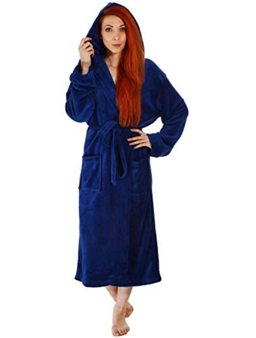 Verabella Women Men's Long Plush Fleece Robe with Hood, Solid Color Bathrobe