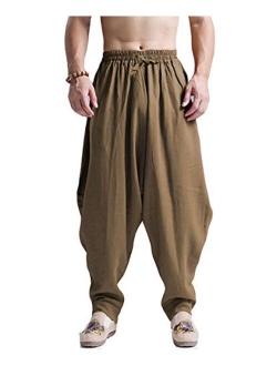 AITFINEISM Men Cotton Linen Yoga Pant Casual Drawstring Loose Fit Baggy Harem Pants