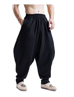 AITFINEISM Men Cotton Linen Yoga Pant Casual Drawstring Loose Fit Baggy Harem Pants