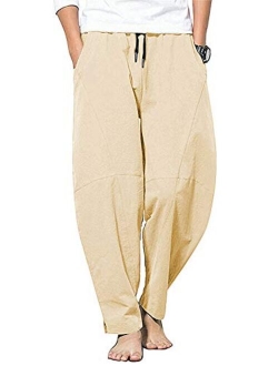 AITFINEISM Men Cotton Linen Yoga Pant Casual Drawstring Loose Fit Baggy Harem Pants