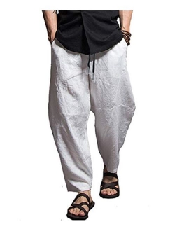 AITFINEISM Men Cotton Linen Yoga Pant Casual Drawstring Loose Fit Baggy Harem Pants