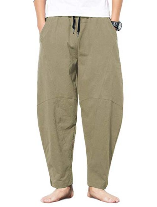 AITFINEISM Men Cotton Linen Yoga Pant Casual Drawstring Loose Fit Baggy Harem Pants