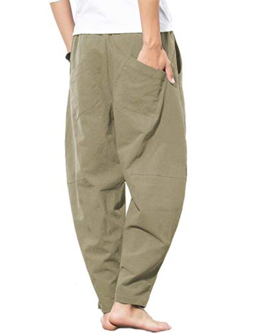 AITFINEISM Men Cotton Linen Yoga Pant Casual Drawstring Loose Fit Baggy Harem Pants