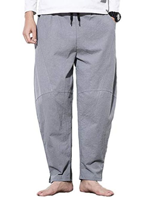 AITFINEISM Men Cotton Linen Yoga Pant Casual Drawstring Loose Fit Baggy Harem Pants