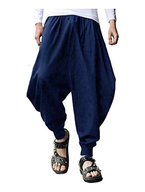 AITFINEISM Men Cotton Linen Yoga Pant Casual Drawstring Loose Fit Baggy Harem Pants