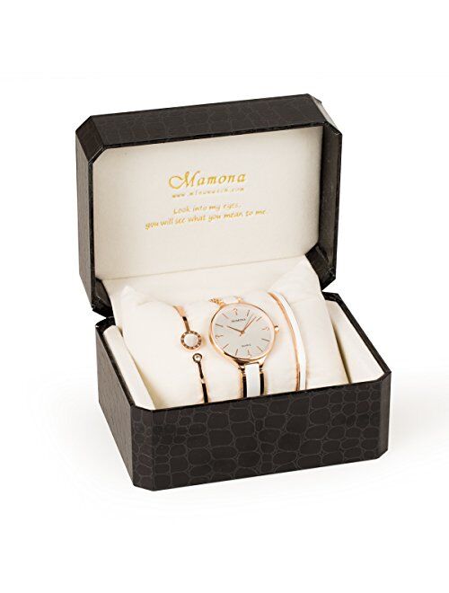 MAMONA Women's Quartz Watch Set Crystal Accented Ceramic and Stainless Steel L3877GT