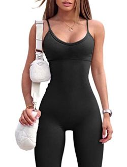 Womens Seamless Spaghetti Strap Leisure Yoga Workout Gym Leggings Padded Bra Jumpsuit