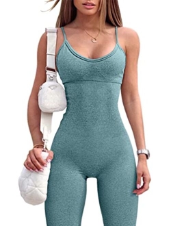 Womens Seamless Spaghetti Strap Leisure Yoga Workout Gym Leggings Padded Bra Jumpsuit