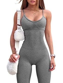 Womens Seamless Spaghetti Strap Leisure Yoga Workout Gym Leggings Padded Bra Jumpsuit