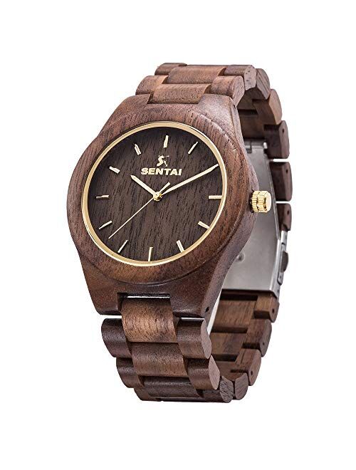 Men's Wooden Watch, Sentai Handmade Vintage Quartz Watches, Natural Wooden Wrist Watch