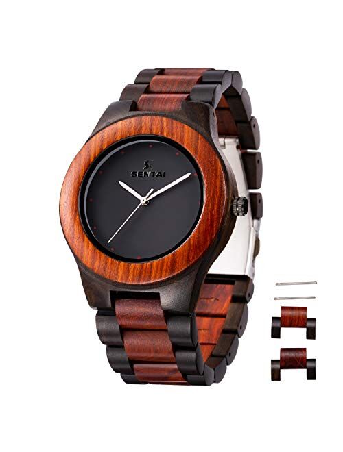 Men's Wooden Watch, Sentai Handmade Vintage Quartz Watches, Natural Wooden Wrist Watch