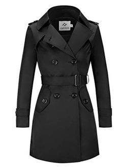 FARVALUE Women's Double Breasted Trench Coat Classic Belted Lapel Overcoat