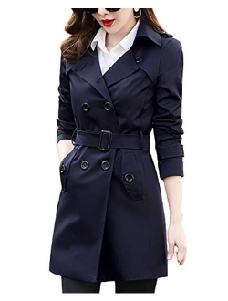 FARVALUE Women's Double Breasted Trench Coat Classic Belted Lapel Overcoat