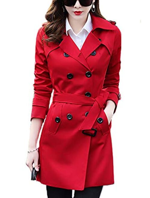 FARVALUE Women's Double Breasted Trench Coat Classic Belted Lapel Overcoat