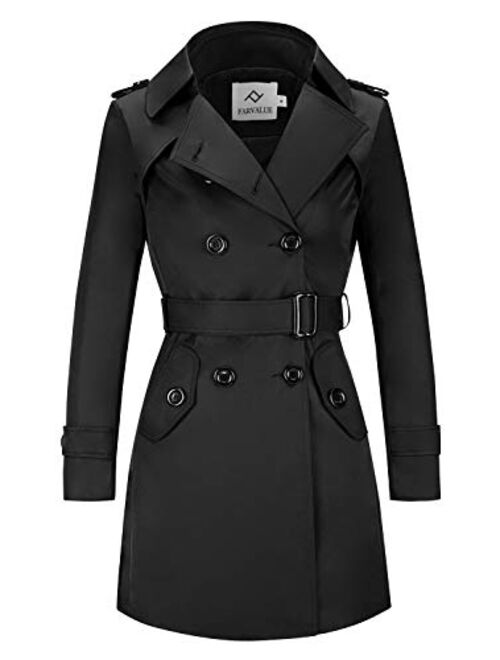 FARVALUE Women's Double Breasted Trench Coat Classic Belted Lapel Overcoat