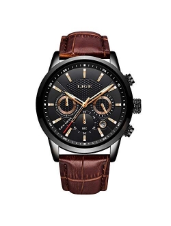 LIGE Men's Watches Leather Chronograph Waterproof Analog Quartz Stainless Steel Business Design Date Watches for Men Black/Silver Gents Wrist Watches