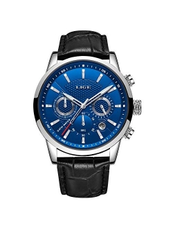 LIGE Men's Watches Leather Chronograph Waterproof Analog Quartz Stainless Steel Business Design Date Watches for Men Black/Silver Gents Wrist Watches