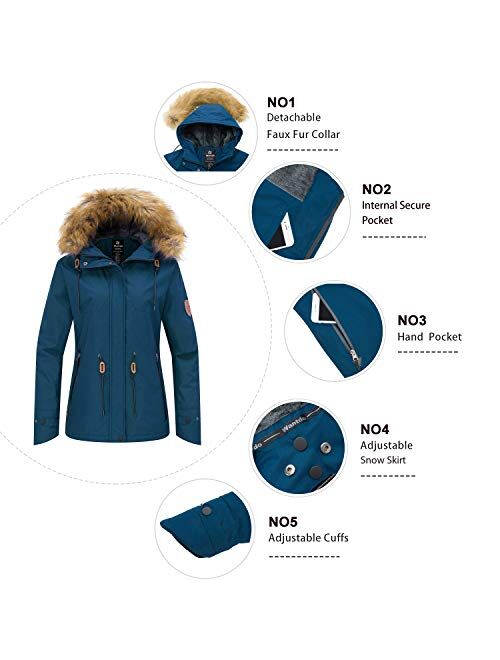 Wantdo Women's Waterproof Ski Jacket Hooded Winter Snow Coat Mountain Snowboarding Jackets Insulated Fleece Parka