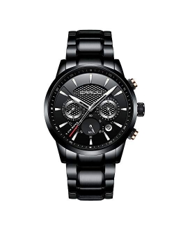 CRRJU Brand Men's Business Casual Chronograph Quartz Waterproof Wristwatch Black Stainless Steel Strap