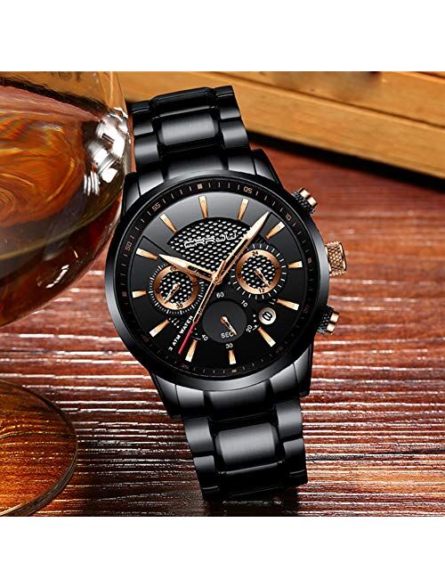 CRRJU Brand Men's Business Casual Chronograph Quartz Waterproof Wristwatch Black Stainless Steel Strap