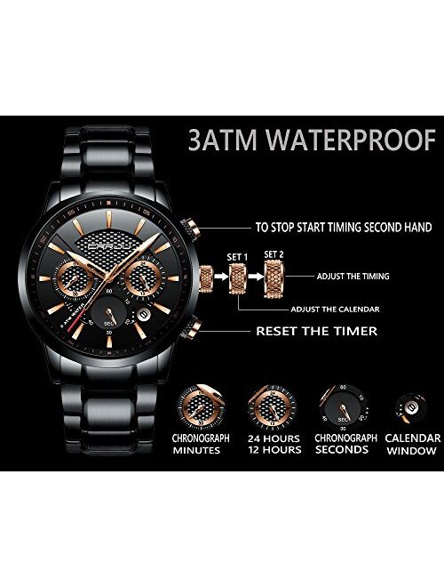 CRRJU Brand Men's Business Casual Chronograph Quartz Waterproof Wristwatch Black Stainless Steel Strap