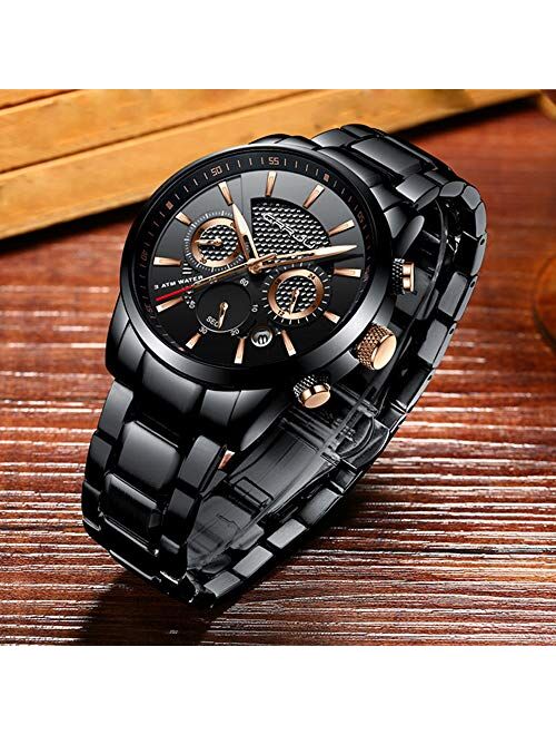 CRRJU Brand Men's Business Casual Chronograph Quartz Waterproof Wristwatch Black Stainless Steel Strap