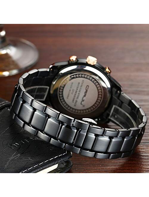 CRRJU Brand Men's Business Casual Chronograph Quartz Waterproof Wristwatch Black Stainless Steel Strap